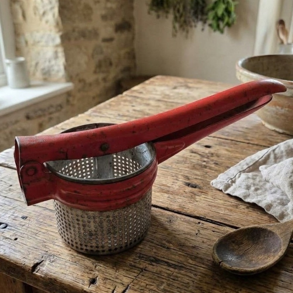 Vintage Red Metal Potato Ricer Fruit Press Hand Squeezer Farmhouse Primitive